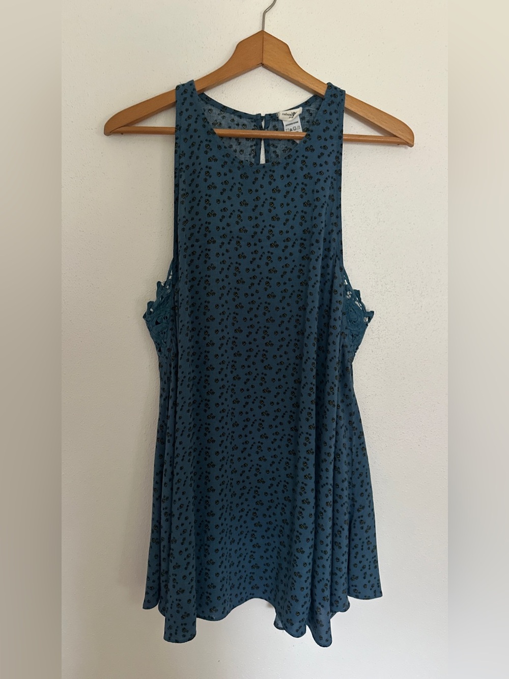 Natural Life Blue Floral Sleeveless Tunic Dress Large Boho Lace Inset